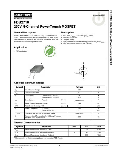 Fairchild Semiconductor FDB2710 250V N-Channel PowerTrench MOSFET Datasheet - cover page