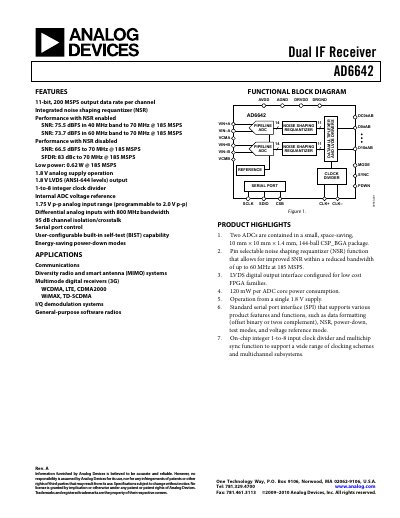 Analog Devices AD6642 Dual IF Receiver Datasheet Rev A - cover page
