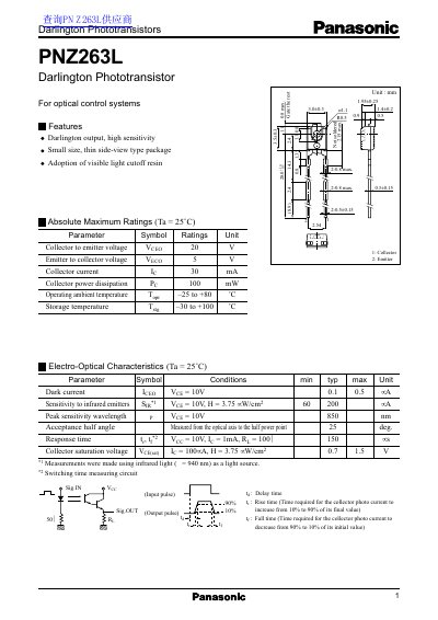 Panasonic PNZ263L Darlington Phototransistor Datasheet - cover page