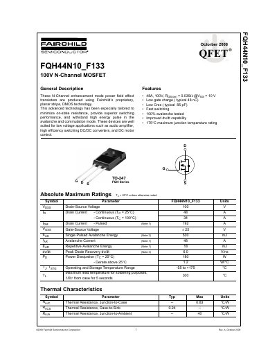 Fairchild FQH44N10_F133 100V N-Channel MOSFET Datasheet