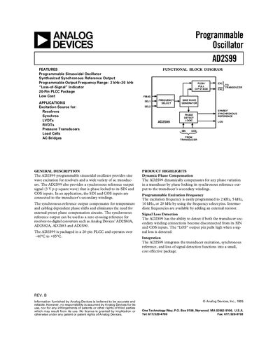 Analog Devices AD2S99 Programmable Oscillator Datasheet - cover page