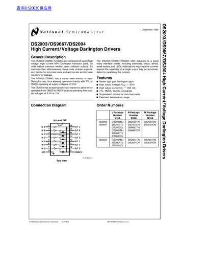 National Semiconductor DS2003/DS9667/DS2004 High Current/Voltage Darlington Drivers Datasheet - cover page