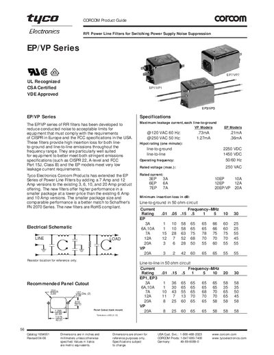 Tyco Electronics Corcom EP/VP Series RFI Power Line Filters Datasheet - cover page