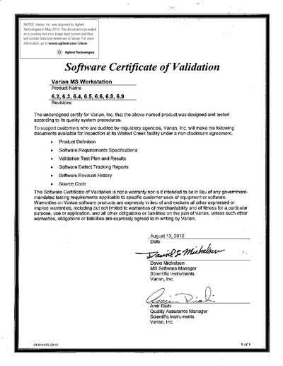 Agilent MS Workstation Software Certificate of Validation and Reference Manual - cover page