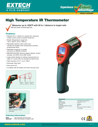 EXTECH 42545..................High Temperature IR Thermometer 42545-NIST ........42545 with Calibration Traceable to NIST. Manual - cover page