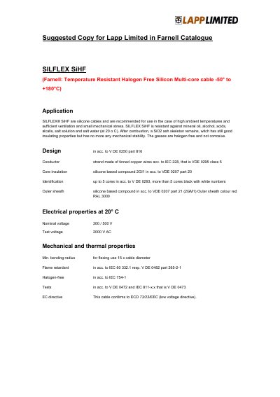 Lapp SiHF Silicone Multi-core Cable Product Leaflet - cover page