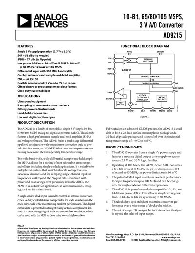 Analog Devices AD9215 10‑Bit 65/80/105 MSPS 3 V A/D Converter Datasheet - cover page
