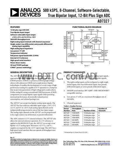 Analog Devices AD7327 12‑Bit Plus‑Sign ADC Datasheet - cover page