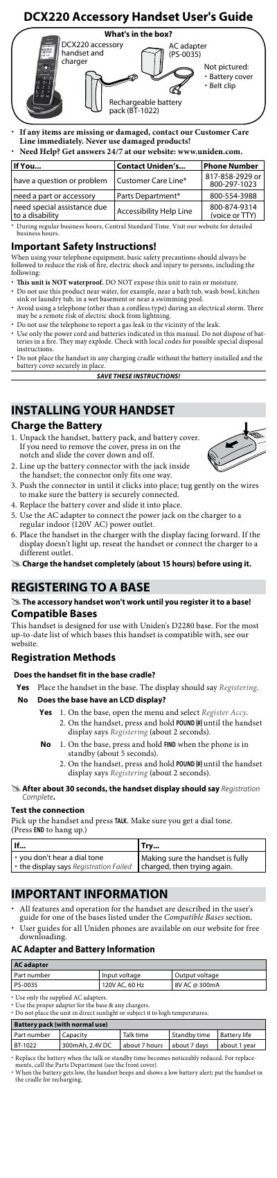 Uniden DCX220 Accessory Handset User's Guide - cover page