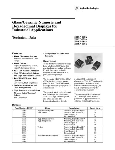 Agilent Technologies HDSP-078x HDSP-079x HDSP-088x HDSP-098x Glass/Ceramic Numeric Hexadecimal Displays for Industrial Applications handbook(1)(1) - cover page