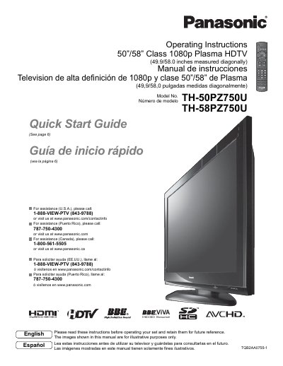 Panasonic TH-50PZ750U/58PZ750U Plasma HDTV Operating Instructions - cover page