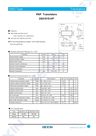 Kexin 2SA1015-L-HF & 2SA1015-H-HF PNP Transistor Datasheet - cover page