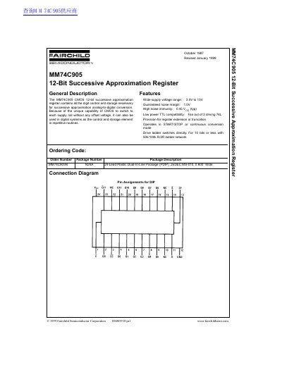 Fairchild Semiconductor MM74C905 12-Bit Successive Approximation Register Datasheet