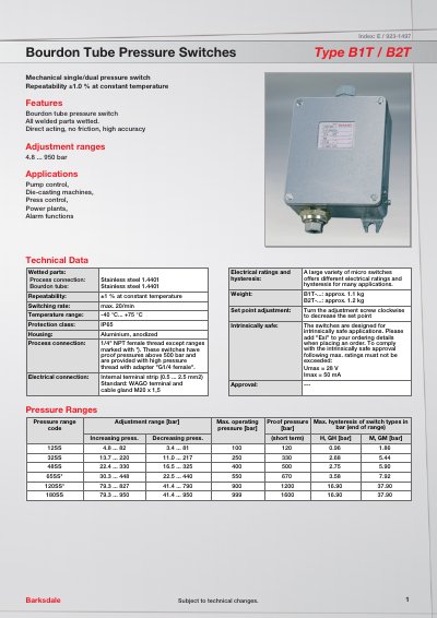 Barksdale B1T/B2T Bourdon Tube Pressure Switches Datasheet - cover page