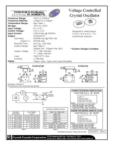 Crystek crystals corporation Voltage Controlled Crystal Oscillator CVXO-014S 014 Models 8 14 Pin Dip 5V HCMOS/TTL - cover page