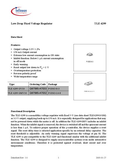 Infineon TLE4299 Low-Drop Fixed Voltage Regulator Data Sheet - cover page