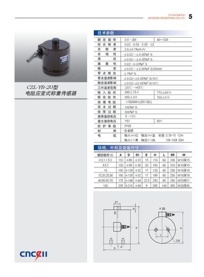 Weighing Engineering CZL-YB-2U Resistance Strain Weight Sensor Manual - cover page