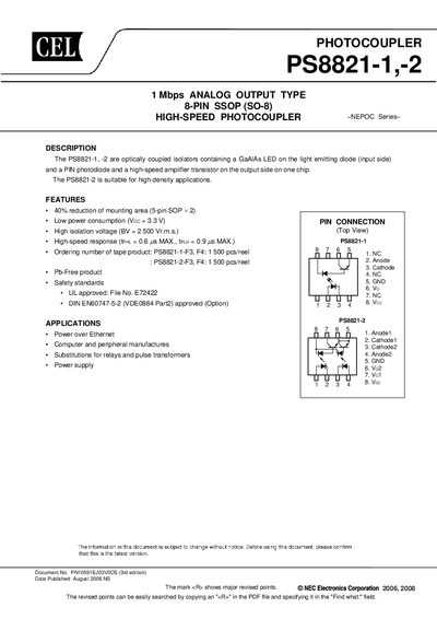 NEC PS8821-1 and PS8821-2 Optocoupler Datasheet - cover page