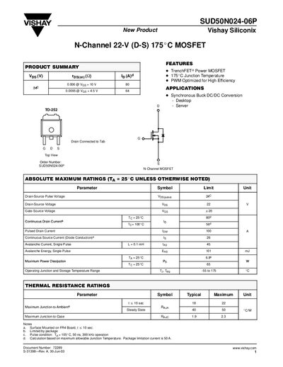 Vishay SUD50N024-06P Power MOSFET Datasheet - cover page