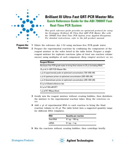 Agilent Technologies Brilliant III Ultra-Fast QRT-PCR Master Mix: Quick Start Guide for the ABI 7900HT Fast Real-Time PCR System - cover page