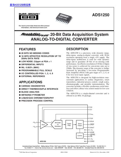 Burr-Brown ADS1250 20-Bit Analog-to-Digital Converter Datasheet - cover page