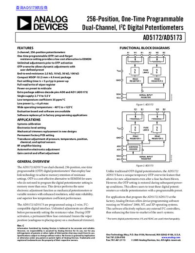 Analog Devices AD5172/AD5173 Datasheet - cover page