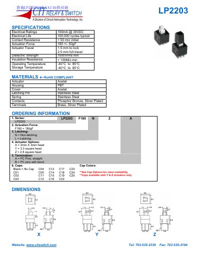 CIT Switch LP2203 Switch Specifications - cover page