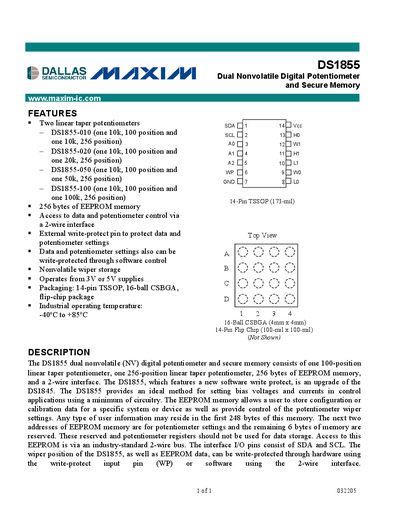 Maxim DS1855 Dual Nonvolatile Digital Potentiometer Datasheet - cover page