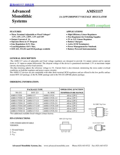 Advanced Monolithic Systems AMS1117 1A Low Dropout Voltage Regulator Datasheet - cover page