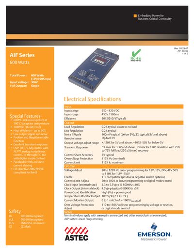 Emerson Network Power AIF Series 600W Datasheet - cover page