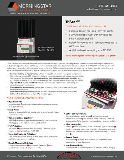 Morningstar TriStar Solar Controller Product Data Sheet - cover page