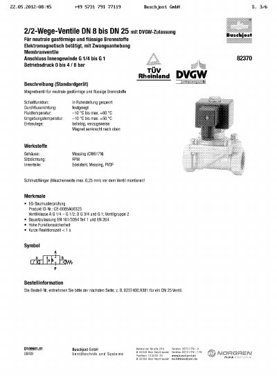Buschjost 82370 Series Solenoid Valve Technical Data Sheet - cover page
