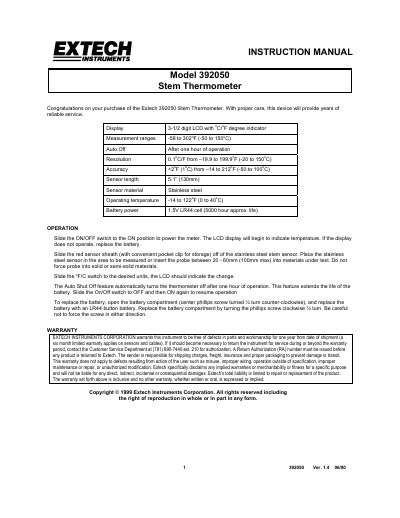 Extech 392050 Stem Thermometer Instruction Manual - cover page