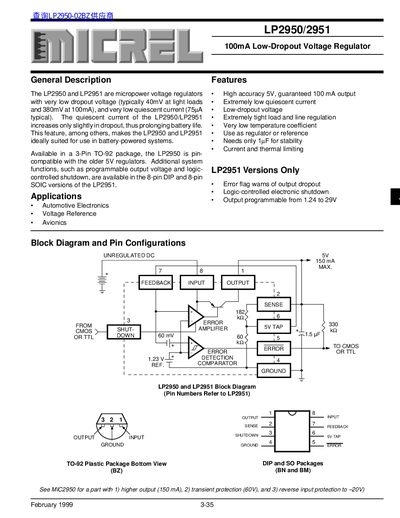 Micrel LP2950/LP2951 100 mA Low-Dropout Voltage Regulator Datasheet - cover page