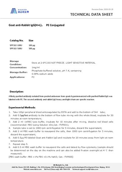 4A Biotech SPP102-100U/500U Goat anti-Rabbit IgG (H+L) PE Conjugated Product Data Sheet