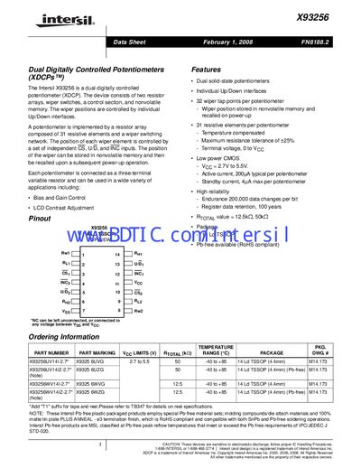 Intersil X93256 Dual Digitally Controlled Potentiometer Data Sheet - cover page