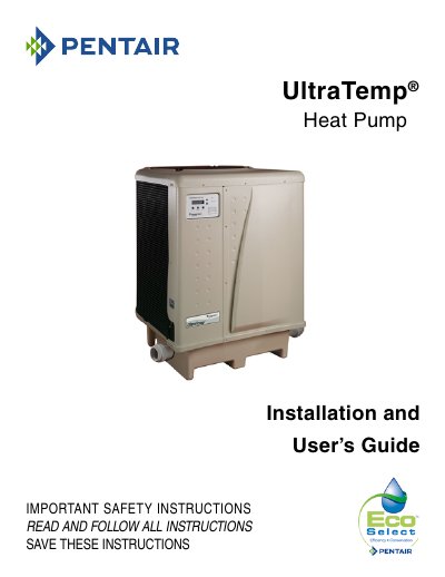 Pentair UltraTemp Heat Pump Installation and User's Guide - cover page
