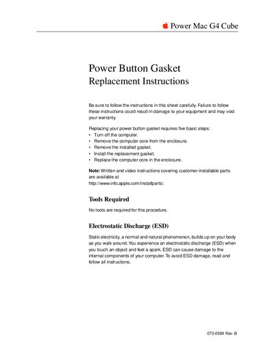 Apple Power Mac G4 Cube 073-0584 Rev. B Power Button Gasket Replacement Instructions - cover page