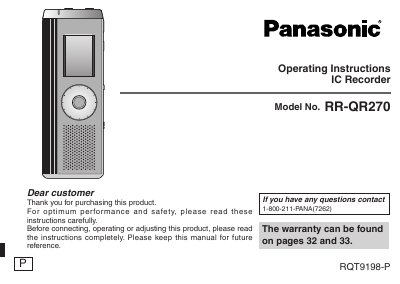 Panasonic RR-QR270 IC Recorder Operating Instructions - cover page