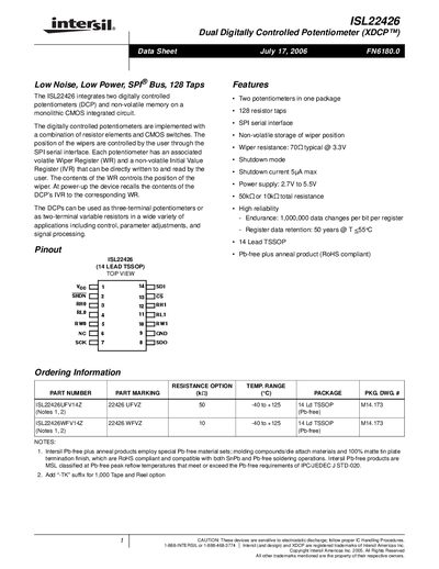 Intersil ISL22426 Dual Digitally Controlled Potentiometer Datasheet - cover page
