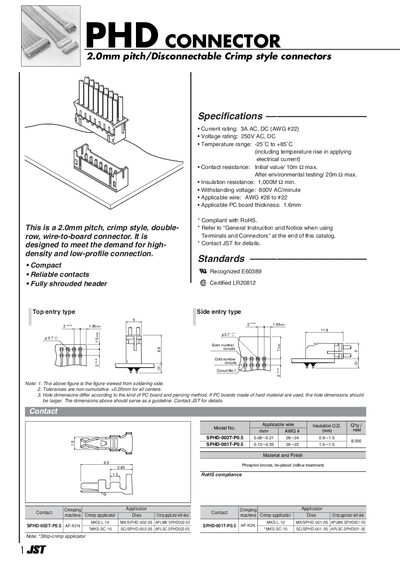 JST PHD CONNECTOR 2.0mm Pitch Disconnectable Crimp Style Connectors Datasheet - cover page