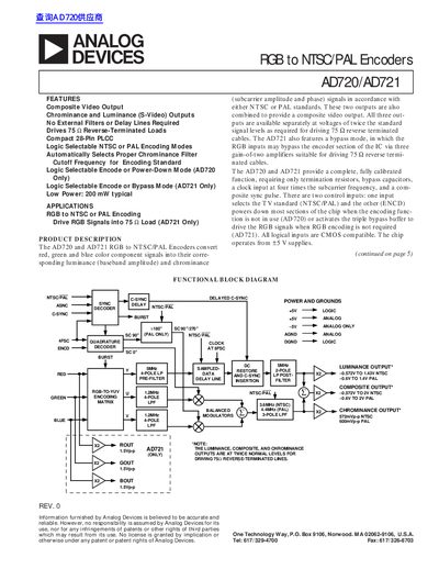 Analog Devices AD720/AD721 RGB to NTSC/PAL Encoders Datasheet - cover page