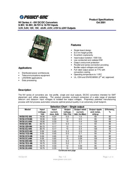 POWER-ONE NV Series: 4 - 6W DC/DC Converters Oct 2001 9-36V 18-36V 36-72V 16-75V Inputs 3.3V 5.0V 12V 15V &plusmn;5.0V &plusmn;12V &plusmn;15V &plusmn;24V Outp - cover page