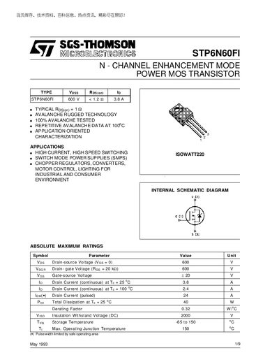 SGS-THOMSON STP6N60FI Power MOSFET Datasheet