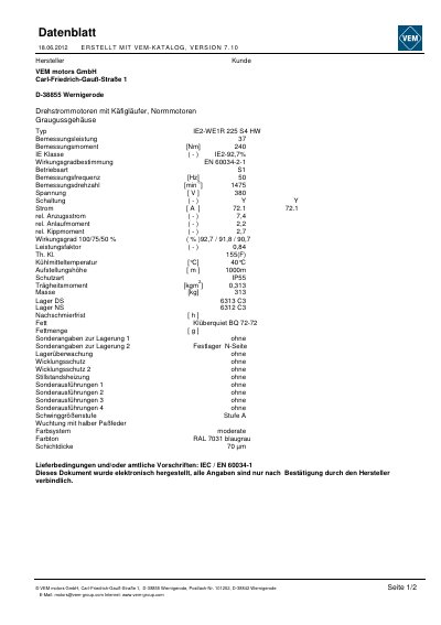 VEM IE2-WE1R 225 S4 HW Three-Phase Motor Datasheet - cover page