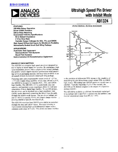 Analog Devices AD1324 Ultrahigh Speed Pin Driver Datasheet - cover page
