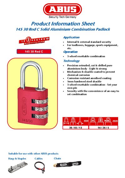 ABUS 145 30 Red C Combination Padlock Product Information Sheet - cover page
