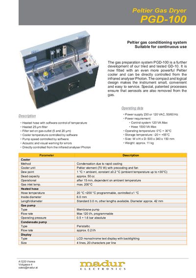 MADUR PGD-100 Peltier Gas Dryer Datasheet - cover page
