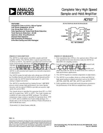 Analog Devices AD783 Sample-and-Hold Amplifier Datasheet - cover page