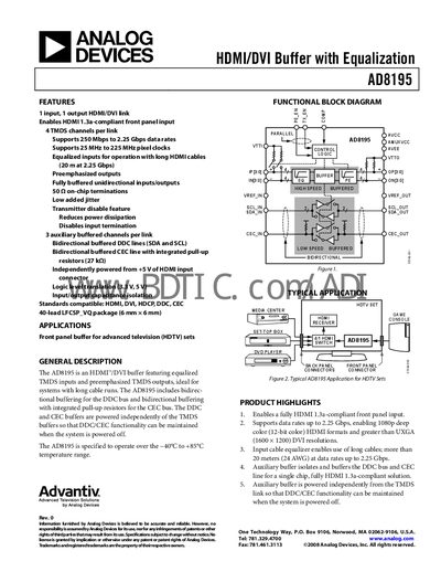 Analog Devices AD8195 HDMI/DVI Buffer Datasheet - cover page